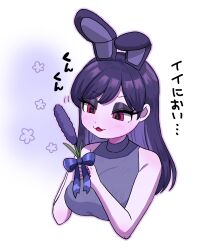 1girl animal_ears bonnie_(fnaf) breasts colored_skin extra_ears eyeshadow five_nights_at_freddy&#039;s five_nights_at_freddy&#039;s_1 flower genderswap genderswap_(mtf) highres holding humanization large_breasts lips long_hair makeup minami_(mnm-kyk) rabbit_ears rabbit_girl red_eyes solo translated upper_body white_background