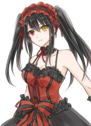 Rule 34 | 1girl, bare shoulders, black hair, breasts, cleavage, clock eyes, date a live, dress, frilled dress, frilled hairband, frills, hairband, heterochromia, highres, lolita fashion, lolita hairband, long hair, looking at viewer, medium breasts, red dress, red eyes, sidelocks, smile, sng 154, solo, symbol-shaped pupils, tokisaki kurumi, tokisaki kurumi (spirit), twintails, white background, yellow eyes