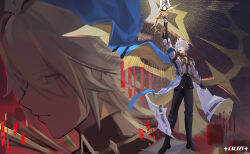 2boys absurdres alternate_form antenna_hair arm_up armor black_boots black_choker black_gloves black_pants black_shirt blonde_hair blue_cape blue_eyes boots cape chinese_commentary choker coat commentary_request fingerless_gloves floating_cape gloves hair_between_eyes hand_up highres holding holding_sword holding_weapon honkai:_star_rail honkai_(series) knee_boots lilizi male_focus material_growth multiple_boys pants parted_bangs pauldrons phainon_(honkai:_star_rail) shirt short_hair shoulder_armor single_glove single_pauldron sword thigh_strap weapon white_coat white_hair yellow_eyes