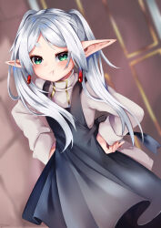 1girl apron black_apron blurry blurry_background closed_mouth cyan_paint dress earrings elf frieren green_eyes grey_hair hands_on_own_hips highres jewelry long_sleeves looking_at_viewer parted_bangs pointy_ears pout solo sousou_no_frieren twintails white_dress