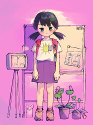 1girl arms_at_sides backpack bag bird black_hair blue_eyes blush brown_shoes child closed_mouth crime_prevention_buzzer expressionless flower_pot full_body half-closed_eyes highres looking_at_viewer low_twintails medium_hair original pink_background pink_socks purple_skirt shirt shoes short_sleeves simple_background skirt sneakers socks solo standing tripod twintails white_shirt whiteboard yashi-iro