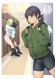 ! 3futa ass backpack bag bike_shorts black_hair blonde_hair blunt_bangs blush border breasts breasts_out bulge caught dark-skinned_female dark_skin full_body futanari green_hair green_hoodie heart hood hood_down hoodie interracial kiss large_breasts loafers locker locker_room long_hair long_sleeves medium_breasts multiple_futa neone outside_border precum shirt shoes short_hair sleeves_past_wrists socks spoken_exclamation_mark thong twintails white_border