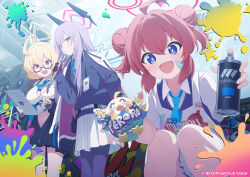 3girls ahoge apron black_skirt blonde_hair blue_archive blue_eyes blue_necktie blue_vest breasts bright_pupils brown_eyes can cleavage cleavage_cutout clothing_cutout collared_shirt double_bun facepaint flat_chest grey_hair hair_bun higashigure highres holding holding_can holding_tablet_pc holding_tool indoors kotori_(blue_archive) large_breasts leaning_forward looking_at_viewer maki_(blue_archive) multiple_girls navel_cutout necktie official_art open_mouth pantyhose pleated_skirt purple_eyes purple_pantyhose red_hair shirt short_sleeves skirt squatting standing tablet_pc teeth tongue upper_teeth_only utaha_(blue_archive) vest white_apron white_pupils white_shirt white_skirt
