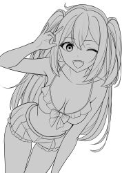 1girl absurdres akoya_matama arm_up bare_shoulders bikini breasts cleavage collarbone commentary cowboy_shot english_commentary frilled_bikini frills highres leaning_forward loco_musica long_hair mahou_shoujo_ni_akogarete medium_breasts monochrome navel one_eye_closed open_mouth simple_background sketch solo swimsuit teeth unfinished upper_body upper_teeth_only white_background xueli_shimazaki