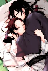 Rule 34 | 2boys, arm around neck, black hair, black robe, brown hair, earrings, futon, hair between eyes, hanafuda earrings, hug, japanese clothes, jewelry, kamado tanjirou, kimetsu no yaiba, long hair, male focus, multiple boys, parted bangs, parted lips, robe, scar, scar on face, scar on forehead, short hair, sinba (ying-hua), sleeping, striped robe, tomioka giyuu, upper body, wide sleeves, yaoi