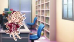 Rule 34 | 1girl, barefoot, blurry, blurry background, brown hair, claw pose, closed eyes, deformed, facing viewer, full body, game cg, glasses, headphones, indoors, jacket, long hair, mugendou saki, non-web source, office, official art, red-framed eyewear, red jacket, semi-rimless eyewear, solo, standing, toes, track jacket, under-rim eyewear, v-shaped eyebrows, very long hair, wire, yumeutsutsu re:master