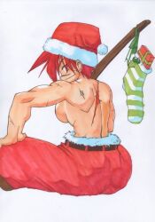 azumi_hojo breasts christmas hat holding holding_sword holding_weapon large_breasts muscular muscular_female original red_eyes red_hair santa_hat scar shimamura_crocodile short_hair sitting standing sword weapon