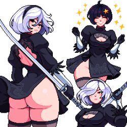 2b_(nier:automata) 2b_(nier:automata)_(cosplay) ahoge artist_self-insert aseprite_(medium) ass back_cutout black_dress black_eyes black_gloves black_hair black_hairband breasts cleavage closed_eyes clothing_cutout commentary cosplay dress english_commentary feather-trimmed_sleeves from_behind gloves hair_over_one_eye hairband highres huge_ass juliet_sleeves long_sleeves looking_at_viewer looking_back medium_breasts multiple_views nier:automata nier_(series) no_blindfold paid_reward_available pixel_art puffy_sleeves short_hair simple_background smile sparkle thick_thighs thighhighs thighs white_background white_hair wide_hips yumykon yumykon_(yumykon)