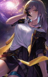 1girl absurdres black_gloves black_jacket black_skirt bowlp breasts commentary glove_pull gloves grey_hair highres honkai:_star_rail honkai_(series) jacket large_breasts looking_at_viewer medium_hair miniskirt mouth_hold multicolored_jacket open_clothes open_jacket shirt skirt solo stelle_(honkai:_star_rail) thighs trailblazer_(honkai:_star_rail) two-tone_jacket white_shirt yellow_eyes yellow_jacket