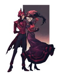 1boy 1girl alastor_(hazbin_hotel) arm_behind_back black_sclera closed_eyes colored_sclera demon_boy demon_girl dress evil_grin evil_smile formal_clothes grin hazbin_hotel highres jelly_bear2 looking_at_another red_dress red_eyes red_hair red_headwear red_suit sharp_teeth smile suit teeth white_hair