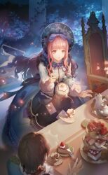 1boy 1girl :o ^^^ ace_(playing_card) ace_of_hearts ace_of_spades alice&#039;s_fantasia_(shining_nikki) apron artist_request black_apron black_bonnet blue_coat blueberry bonnet bow brown_eyes brown_hair buttons cake cake_slice card chair classic_lolita clock_print coat collar cup dot_nose dress fireflies food fork formal_clothes frilled_apron frilled_collar frilled_headwear frilled_sleeves frills fruit game_cg garden grey_dress hair_bow hair_through_headwear heart highres holding holding_teapot lace lace-trimmed_dress lace_trim light_particles lolita_fashion long_dress long_hair long_sleeves looking_ahead multiple_hair_bows night nikki_(nikki) nikki_(series) official_art open_mouth outdoors pillar pink_hair plate playing_card playing_card_print pouring puffy_long_sleeves puffy_sleeves purple_bow saucer shining_nikki sidelocks sleeves_past_wrists solo_focus spade_(shape) spilling standing strawberry surprised table tea tea_party teacup teapot very_long_hair wavy_hair