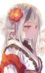 1girl animal_ears black_frills breasts closed_mouth eyelashes fire_emblem fire_emblem_fates fire_emblem_heroes flower frilled_kimono frills frown fuussu_(21-kazin) grey_hair hair_flower hair_ornament japanese_clothes kimono medium_breasts multicolored_hair nintendo official_alternate_costume orange_eyes solo streaked_hair two-tone_hair two-tone_kimono velouria_(fire_emblem) velouria_(new_year)_(fire_emblem) wolf_ears wolf_girl