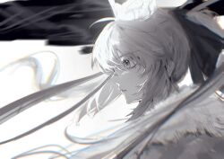 1girl absurdres artoria_caster_(fate) artoria_caster_(third_ascension)_(fate) artoria_pendragon_(fate) crown fate/grand_order fate_(series) fur_trim greyscale hair_ribbon highres long_hair monochrome ponytail portrait pppeipeipipi ribbon solo upper_body white_background