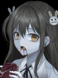 1girl absurdres barbell_piercing black_ribbon blood blood_from_mouth brown_hair collared_shirt colored_tongue commentary crazy ear_piercing earrings eating food hair_between_eyes hair_intakes hair_ornament highres holding holding_food jewelry kkamkkam long_hair looking_at_viewer neck_ribbon open_mouth original piercing portrait rabbit_earrings rabbit_hair_ornament raw_meat ribbon ringed_eyes shirt solo steak two_side_up white_shirt yellow_eyes yellow_tongue