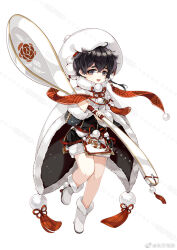 1boy :d black_eyes black_hair black_jacket black_shorts boots braid child chinese_commentary cloak crossed_bangs dongfang_mao_qiu food-themed_hat full_body fur-trimmed_boots fur-trimmed_cloak fur-trimmed_shorts fur-trimmed_sleeves fur_trim hair_between_eyes hat holding holding_spoon jacket long_sleeves looking_at_viewer male_focus official_art open_mouth oversized_spoon pelvic_curtain pom_pom_(clothes) red_sash sash short_hair shorts side_braid simple_background smile solo spoon standing tangyuan_(the_tale_of_food) tassel the_tale_of_food two-sided_cloak two-sided_fabric watermark weibo_watermark white_background white_boots white_cloak white_hat