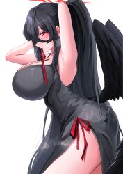 1girl absurdres alternate_costume alternate_hairstyle arm_up armpits bare_arms black_dress black_wings blue_archive blush breasts cleavage dress feathered_wings from_side hair_between_eyes hasumi_(blue_archive) highres huge_breasts kraken_mikan long_bangs long_hair looking_at_viewer mole mole_under_eye mouth_hold red_ribbon ribbon ribbon_in_mouth sidelocks solo tying_hair wings