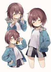 1other ^_^ black_shorts blue_jacket blush bob_cut brown_hair closed_eyes closed_mouth commentary_request cosplay cropped_legs cropped_torso double-parted_bangs double_v drawstring facing_viewer frisk_(undertale) grey_hood hair_between_eyes hand_on_own_hip hands_in_pockets highres hood hood_down hooded_jacket jacket layered_sleeves long_sleeves multiple_views n_ante61 open_clothes open_jacket other_focus puffy_long_sleeves puffy_sleeves sans_(undertale) sans_(undertale)_(cosplay) shirt short_hair shorts simple_background sparkle striped_clothes striped_shorts two-tone_shorts undertale v vertical-striped_clothes vertical-striped_shorts white_background white_shirt white_shorts