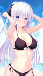 1girl absurdres alternate_costume alternate_hairstyle arms_behind_head azunyan bare_arms bare_shoulders bikini black_bikini black_ribbon blue_eyes blue_sky blush breasts cleavage closed_mouth collarbone commentary cowboy_shot curvy day eyes_visible_through_hair frown hair_between_eyes hair_ribbon halterneck highres large_breasts lips long_hair looking_at_viewer naruse_shiroha navel outdoors ponytail ribbon ringed_eyes side-tie_bikini_bottom sky solo stomach summer_pockets sweat swimsuit v-shaped_eyebrows very_long_hair white_background
