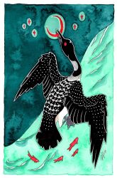 animal_focus aqua_background aqua_theme bird black_bird black_feathers border color_contrast commentary crescent_moon english_commentary feathered_wings feathers fish fleebites full_body green_background green_sky highres moon night night_sky no_humans original outline painting_(medium) red_eyes red_moon red_scales signature sky star_(sky) traditional_media two-tone_background water watercolor_(medium) white_eyes white_feathers white_outline wings