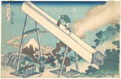 5boys absurdres bald barefoot black_hair blue_sky border facing_away fine_art_parody gradient_sky highres hill hokusai japan japanese_clothes japanese_text kimono looking_up mount_fuji mountain multiple_boys nihonga original pale_skin parody saw sky smoke thirty-six_views_of_mount_fuji tools traditional_media tree ukiyo-e volcano white_border