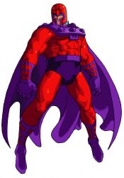 1990s_(style) 1boy absurdres armor bengus blue_eyes bodysuit boots cape floating full_body game_cg gloves grey_hair helmet highres looking_to_the_side magneto male_focus marvel marvel_vs._capcom muscular non-web_source official_art purple_boots purple_cape purple_gloves red_bodysuit red_helmet retro_artstyle scowl simple_background solo superhero_costume teeth white_background x-men x-men_vs._street_fighter