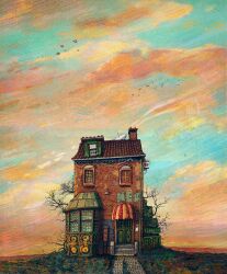 Rule 34 | bird, building, chimney, door, francisco fonseca, highres, house, mailbox (incoming mail), no humans, original, power lines, satellite dish, smoke, stairs, trash can, tree, window, window shutter