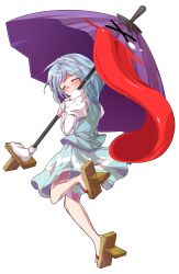 1girl alphes_(style) aqua_shirt aqua_vest back blue_hair breasts closed_eyes closed_mouth commentary_request dairi full_body geta highres holding holding_umbrella karakasa_obake large_variant_set long_sleeves parody purple_umbrella shirt short_hair simple_background skirt solo style_parody tachi-e tatara_kogasa tearing_up touhou transparent_background umbrella variant_set white_shirt