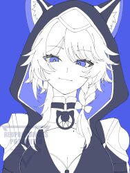 1girl absurdres alw_chin_k animal_ear_fluff animal_ears animal_hood black_hood black_leotard blue_background blue_eyes breasts cat_ears cat_girl cat_hood cipher_(honkai:_star_rail) cleavage commentary_request highres honkai:_star_rail honkai_(series) hood large_breasts leotard looking_at_viewer mole mole_on_breast simple_background smile solo upper_body