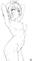 1girl absurdres arm_up armpits arms_behind_back artist_name blush bow_hairband breasts closed_mouth commentary completely_nude cowboy_shot english_commentary hairband head_cha_la high_contrast highres kanojo_okarishimasu large_breasts lineart looking_at_viewer monochrome navel nipples nude perky_breasts raised_eyebrow sarashina_ruka short_hair simple_background solo sweat thighs white_background