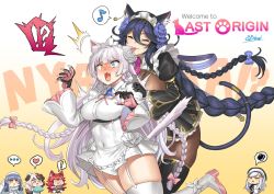 ! !? ... 6+girls :3 animal_ears biting black_dress black_gloves black_legwear black_lilith blue_flower blue_rose blush braid breasts cat_ears cat_girl cat_tail claws dog_ears dress biting_ear fang fenrir_(last_origin) flower food garter_straps gloves gradient_background hachiko_of_castling hair_between_eyes hair_flower hair_ornament hat heart heterochromia holding large_breasts last_origin long_hair maid_headdress meat multiple_girls musical_note obui open_mouth perrault_(last_origin) poi_(last_origin) rose saliva sidelocks signature simple_background snow_feather_(last_origin) spoken_ellipsis spoken_exclamation_mark spoken_heart spoken_squiggle squiggle sweat tail thighhighs very_long_hair white_dress white_flower white_legwear white_rose