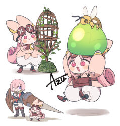 2girls :3 azu_(kirara310) boots bug cage chibi fate/grand_order fate_(series) habetrot_(fate) hair_over_one_eye hat highres holding holding_shield lance long_hair mash_kyrielight monster_hunter_(series) multiple_girls pink_eyes pink_hair pointy_ears polearm purple_eyes shield signature weapon white_background
