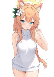 1girl alternate_costume animal_ear_fluff animal_ears blue_archive blue_eyes blush cat_ears center-flap_bangs closed_mouth commentary cowboy_shot flower hair_between_eyes hair_flower hair_ornament halo hand_up highres long_hair long_sidelocks looking_at_viewer mari_(blue_archive) meme_attire naked_sweater orange_hair sidelocks simple_background sleeveless sleeveless_turtleneck smile solo standing sweater thighs turtleneck turtleneck_sweater very_long_hair virgin_killer_sweater white_background white_flower white_sweater yellow_halo zarashi