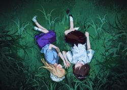 2girls absurdres aliaos black_shoes black_skirt blonde_hair blue_shirt brown_hair chinese_commentary closed_eyes closed_mouth commentary_request facing_another frilled_skirt frills full_body grass hat highres long_hair lying maribel_hearn mob_cap multiple_girls no_headwear on_back on_grass on_side outdoors puffy_short_sleeves puffy_sleeves purple_skirt ribbon-trimmed_shirt ribbon-trimmed_skirt ribbon_trim shirt shoes short_hair short_sleeves skirt socks touhou upside-down usami_renko white_hat white_shirt white_socks