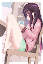 1girl absurdres alternate_costume alternate_hairstyle azki_(hololive) barefoot blush brown_hair colored_inner_hair commentary cup feet from_side full_body green_shorts hair_ornament hairclip half-closed_eyes highres holding holding_cup hololive hood hooded_jacket indoors jacket knees_up long_hair long_sleeves messy_hair mille mole mole_under_eye multicolored_hair on_chair oozora_subaru oozora_subaru_(loungewear) pink_hair pink_jacket shorts sleepwear sleeve_cuffs solo squeans very_long_hair virtual_youtuber waking_up
