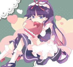 1girl 32rhodium62 ankle_socks apron black_dress black_footwear blue_eyes blunt_bangs bobby_socks bow bow_legwear box closed_mouth cross-laced_footwear dot_mouth dress feet_out_of_frame feli_(puyopuyo) flats flipped_bangs frilled_apron frills fur_hairband green_background hair_ribbon hairband hand_on_lap hand_up head_rest heart heart-shaped_box highres holding holding_heart jitome knee_up long_hair multicolored_background no_nose no_pupils pleated_dress puffy_short_sleeves puffy_sleeves purple_hair puyopuyo puyopuyo_quest red_bow red_ribbon ribbon short_sleeves sitting socks solo straight_hair very_long_hair white_apron white_hairband