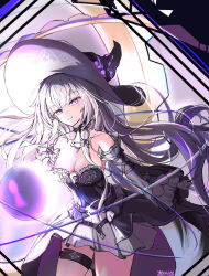 1girl breasts cleavage hat herta_(honkai:_star_rail) highres honkai:_star_rail honkai_(series) lymes_7 purple_eyes signature smile solo the_herta_(honkai:_star_rail)
