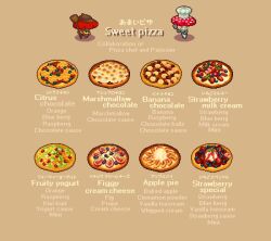 apple apple_slice banana banana_slice bilingual_text brown_background butter chocolate commentary cream_cheese creature english_commentary english_text fig food food_focus food_name fruit marshmallow mixed-language_text mushroom no_humans original pixel_art pizza simple_background strawberry sweets yuuki_mokuya