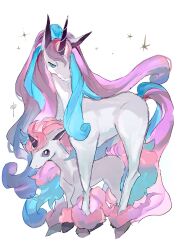 Rule 34 | blue eyes, blue hair, evolutionary line, galarian form, galarian ponyta, galarian rapidash, gen 8 pokemon, highres, horns, long hair, nintendo, no humans, np (0wzsyvlnp78), pink hair, pokemon, pokemon (creature), simple background, single horn, sparkle, white fur