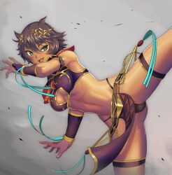 1girl armlet beads black_panties blue_string bracelet breasts bridal_gauntlets brown_hair center_opening cowboy_shot debris fang feet_out_of_frame fighting_stance fingernails gold_armlet gold_bracelet gold_ring gold_thighlet gold_trim gradient_background green_eyes grey_background hair_between_eyes hair_horns high_kick highres hitomaruniigo jewelry kicking linea_alba loincloth looking_to_the_side medium_hair midriff navel neptora open_mouth original panties revealing_clothes skin_fang small_breasts smug solo spiked_hair spread_legs tan thighlet toned toned_female two-tone_loincloth underwear