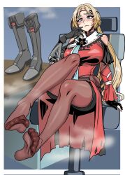 1girl absurdres blonde_hair blue_eyes blush boots desk feet ga320aaa girls&#039;_frontline girls&#039;_frontline_2:_exilium highres long_hair pantyhose shoes soles steam swivel_chair toes ullrid_(girls&#039;_frontline_2) unworn_boots unworn_shoes