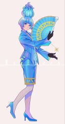 Rule 34 | 1girl, ancient greek clothes, animification, artist request, blue fire, blue hair, blue lips, closed mouth, disneyland, fiery hair, fire, formal clothes, gloves, greco-roman clothes, hercules (1997 movie), highres, lipstick, long sleeves, looking at viewer, makeup, ms. hades, non-web source, short hair, simple background, solo, source request, suit