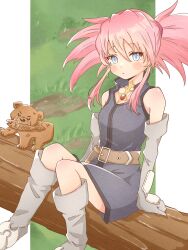 1girl belt blue_eyes blush boots closed_mouth commentary_request dot_nose grass grey_boots grey_sleeves hair_between_eyes highres kazunokoumaa_(mymyabyss) log looking_at_viewer outside_border pillarboxed pink_hair presea_combatir sitting sitting_on_log solo tales_of_(series) tales_of_symphonia twintails