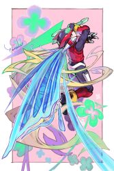 Rule 34 | 1boy, armor, black eyes, blonde hair, butterfly wings, energy sword, forehead jewel, from behind, full body, helmet, holding, holding sword, holding weapon, insect wings, long hair, male focus, mega man (series), mega man zero (series), pink background, red armor, red helmet, solo, sword, very long hair, weapon, wings, yui-megaka-naiba, z saber, zero(z) (mega man), zero (mega man)