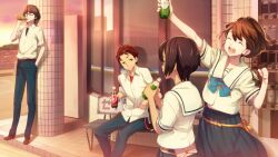 Rule 34 | 2boys, 2girls, arm up, bench, black hair, black shirt, blue bow, blue pants, blue skirt, bob cut, bottle, bow, brown hair, chest bow, chuo tanegashima high school uniform, clenched hand, closed eyes, collared shirt, cropped shirt, daitoku junna, dark-skinned female, dark skin, dr pepper, drinking, fukuda tomonori, game cg, glasses, grey eyes, hair between eyes, hand in pocket, happy, hidaka subaru, high-waist skirt, high ponytail, highres, holding, holding bottle, multiple boys, multiple girls, non-web source, official art, outdoors, outstretched arm, pants, pleated skirt, ponytail, ponytail with braided base, red hair, red shirt, robotics;notes, sailor collar, school uniform, senomiya akiho, shirt, shirt under shirt, short hair, short sleeves, sitting, skal, skirt, smile, soda, sunset, t-shirt, teeth, upper teeth only, white sailor collar, white shirt, yashio kaito