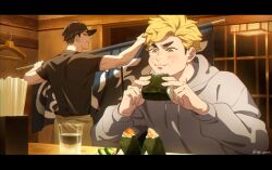 2boys back black_hair black_shirt blonde_hair brothers closed_mouth commentary cup eating food food_request haikyuu!! hat hood hoodie letterboxed light_blush long_sleeves looking_at_another looking_back male_focus miya_atsumu miya_osamu multiple_boys nagareyama_(ngr_yama) shirt short_hair siblings sitting standing symbol-only_commentary twins twitter_username