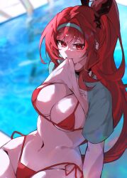 1girl absurdres bikini breasts clothes_in_mouth goddess_of_victory:_nikke highres large_breasts mmaayyooccaatt mouth_hold navel official_alternate_costume official_alternate_hair_color official_alternate_hairstyle ponytail pool poolside rapi_(nikke) rapi_(red_hood)_(nikke) rapi_(red_hood)_(red_flavor)_(nikke) red_bikini red_eyes red_hair shirt shirt_in_mouth solo swimsuit water
