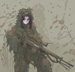 1girl belt bipod bird black_hair brown_gloves closed_mouth commentary cowboy_shot dragunov_svd expressionless freckles ghillie_suit gloves green_eyes gun gunbelt highres holding holding_gun holding_weapon original rifle russian_commentary scope simple_bird sniper_rifle solo trigger_discipline vegetation weapon zap-nik