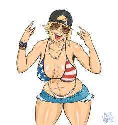 1girl abs absurdres american_flag american_flag_bikini american_flag_print armpit_hair artist_name backwards_hat bikini black_hat blonde_hair blue_eyes blue_shorts blue_waffle breasts brown-tinted_eyewear cameltoe denim denim_shorts flag_print freckles grand_theft_auto grand_theft_auto_vi hat highres jewelry large_breasts looking_at_viewer necklace open_mouth print_bikini pubic_hair redneck_girl_(gta_vi) short_hair short_shorts shorts signature simple_background solo sunglasses swimsuit teeth tinted_eyewear tongue tongue_out upper_teeth_only white_background