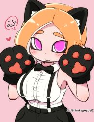 Rule 34 | 1girl, :3, animal ears, animal hands, black bow, black bowtie, black gloves, black pants, blush, bow, bowtie, breasts, cat ears, cosplay, fake animal ears, gloves, gradient hair, heart, judd (splatoon), judd (splatoon) (cosplay), large breasts, long hair, looking at viewer, miyazero, multicolored hair, nintendo, octoling, octoling girl, octoling player character, octopus girl, orange hair, pants, paw gloves, pink background, pink eyes, pointy ears, purple hair, shirt, sleeveless, sleeveless shirt, smile, speech bubble, splatoon (series), spoken animal, standing, suction cups, suspenders, tentacle hair, two-tone hair, white shirt