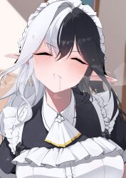 1girl absurdres apron black_hair blush closed_eyes commission drooling earrings eileennoir frown gloves gokkun highres indie_virtual_youtuber jewelry long_hair maid maid_apron maid_headdress multicolored_hair pointy_ears saliva short_sleeves skeb_commission solo swallowing sweat two-tone_hair virtual_youtuber white_apron white_gloves white_hair yanagui_yugi